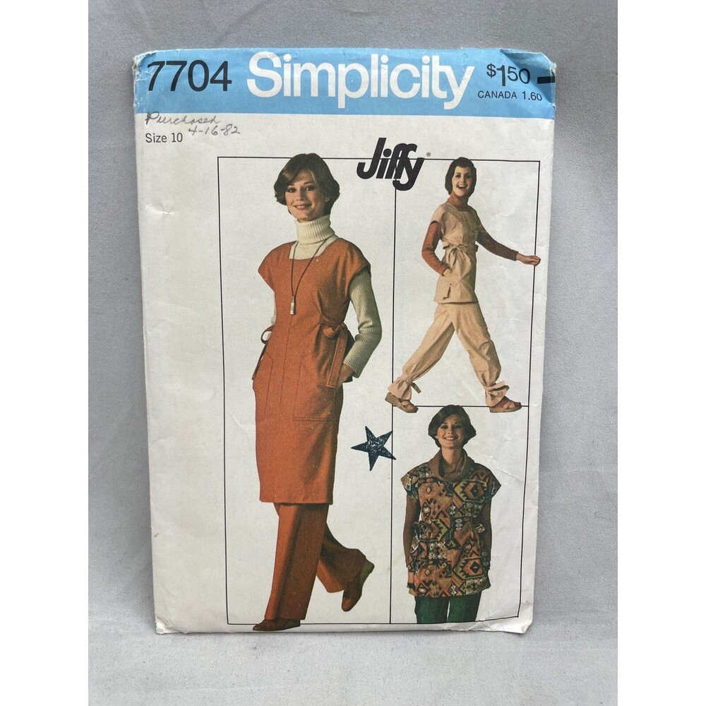 Simplicity 7704 Jiffy Size 10 Dress Sewing Pattern Pullover Tunic with Ties